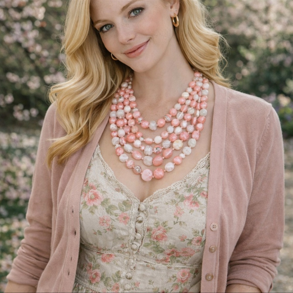 Vintage Multi-Strand Pink & White Bead Necklace